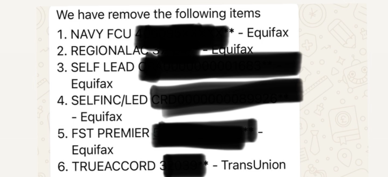 6 accounts removed across Equifax and TransUnion